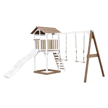 Aire de jeux en bois blanc/marron avec 2 balançoires et toboggan blanc Beach Tower Axi 