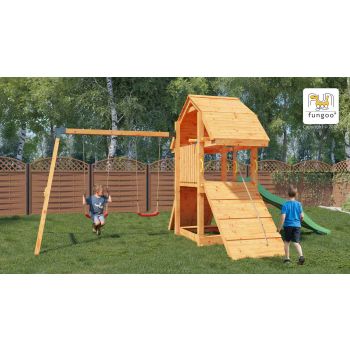 Aire de jeux en bois Buffalo avec 2 balançoires et toboggan de Fungoo