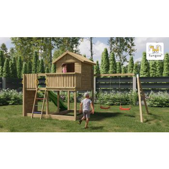 Aire de jeux en bois Galaxy L avec toboggan et maison de chez Fungoo