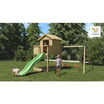 Aire de jeux en bois Galaxy S avec toboggan et maison de chez Fungoo