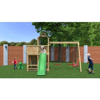 Aire de jeux Floppi en bois avec une table et 2 balançoires de Fungoo